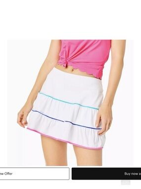 Lilly Pulitzer White Tiered Skirt with Pink, Teal & Blue Trim